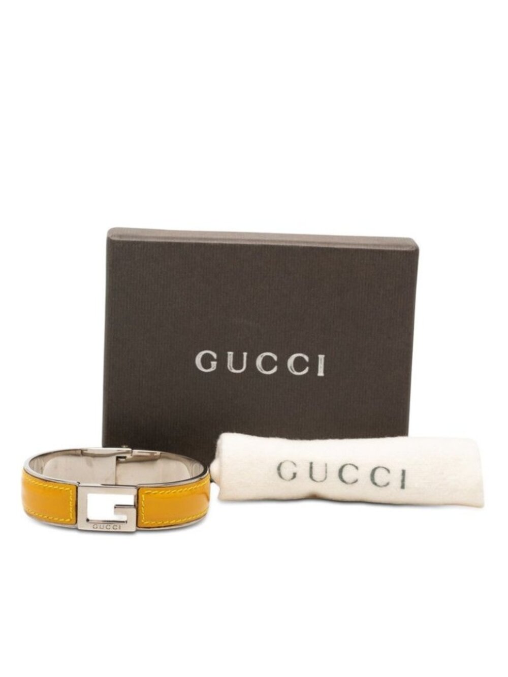 Gucci Logo Bangle Silver And Yellow Patent Leather And Metal Bracelet - Picture 5 of 5